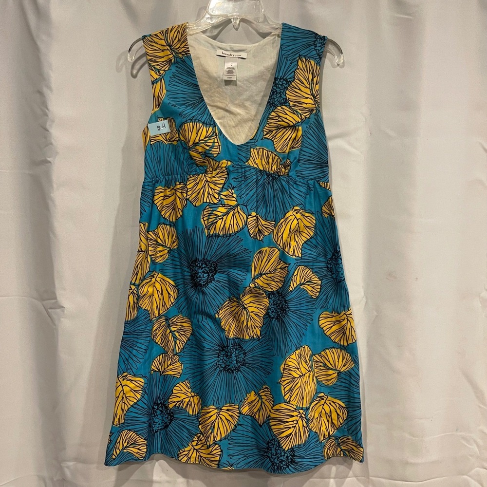 Laundry by Design Silk Cotton Floral Handkerchief Hem Dress Teal Yellow Size 4